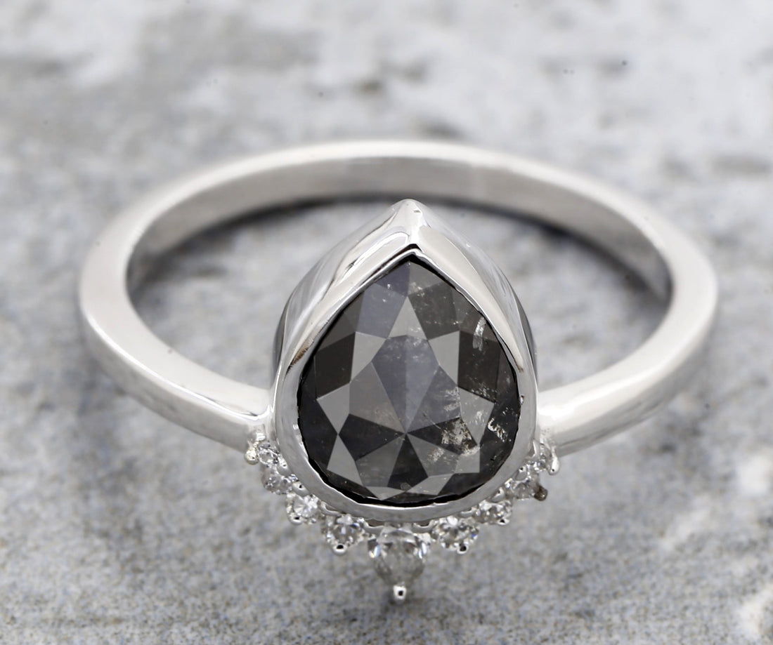 Salt and Pepper Diamond Ring, 14k Gold Engagement Ring, Natural Gray Pear Diamond Bezel Ring, Gift for Women