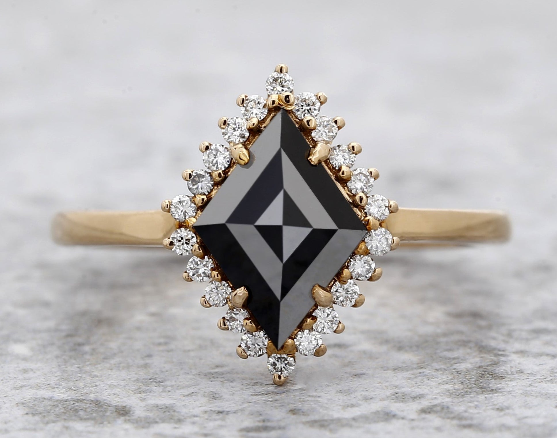 Black Diamond Ring, 14K Gold Engagement Ring, Natural Kite Diamond Halo Ring, Gift for Her