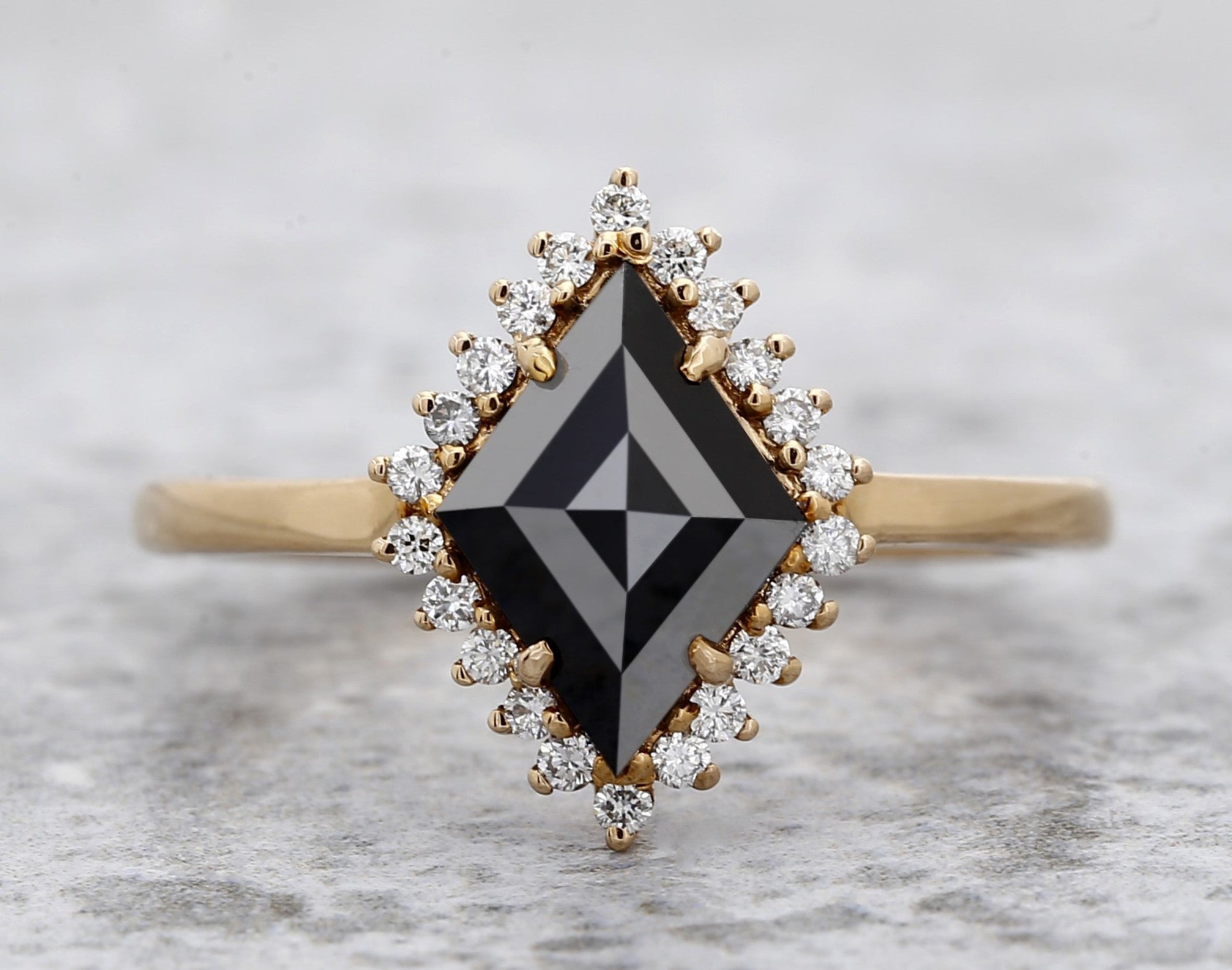 Black Diamond Ring, 14K Gold Engagement Ring, Natural Kite Diamond Halo Ring, Gift for Her