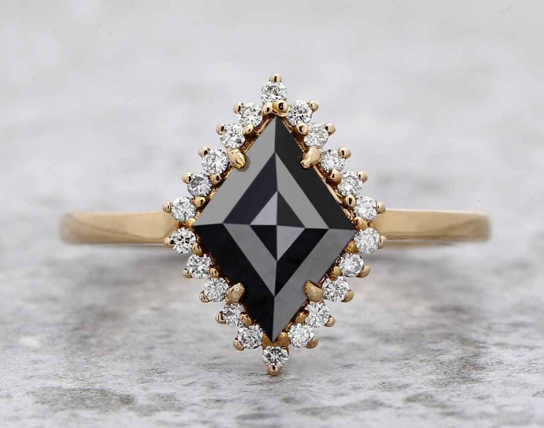 Black Diamond Ring, 14K Gold Engagement Ring, Natural Kite Diamond Halo Ring, Gift for Her