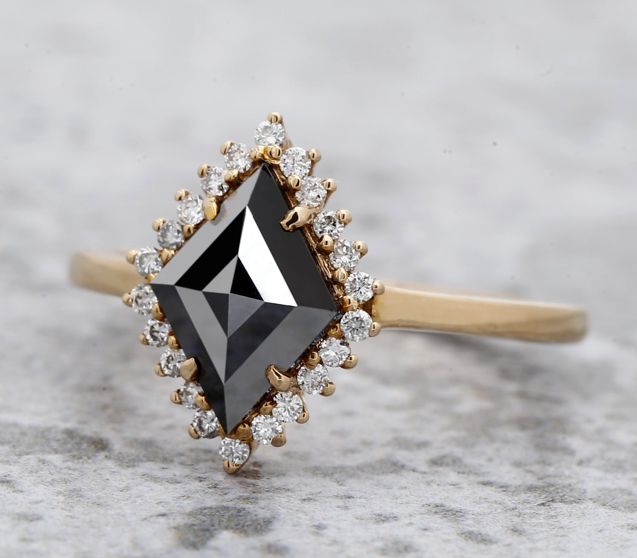 Black Diamond Ring, 14K Gold Engagement Ring, Natural Kite Diamond Halo Ring, Gift for Her