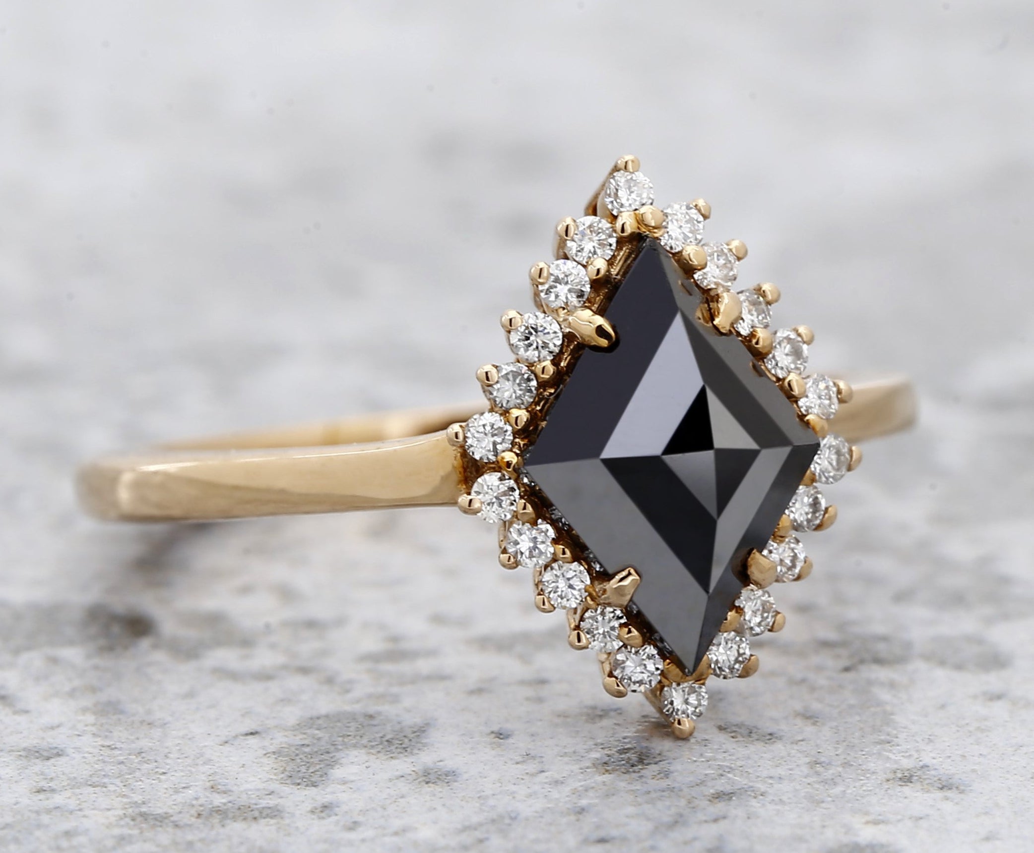 Black Diamond Ring, 14K Gold Engagement Ring, Natural Kite Diamond Halo Ring, Gift for Her
