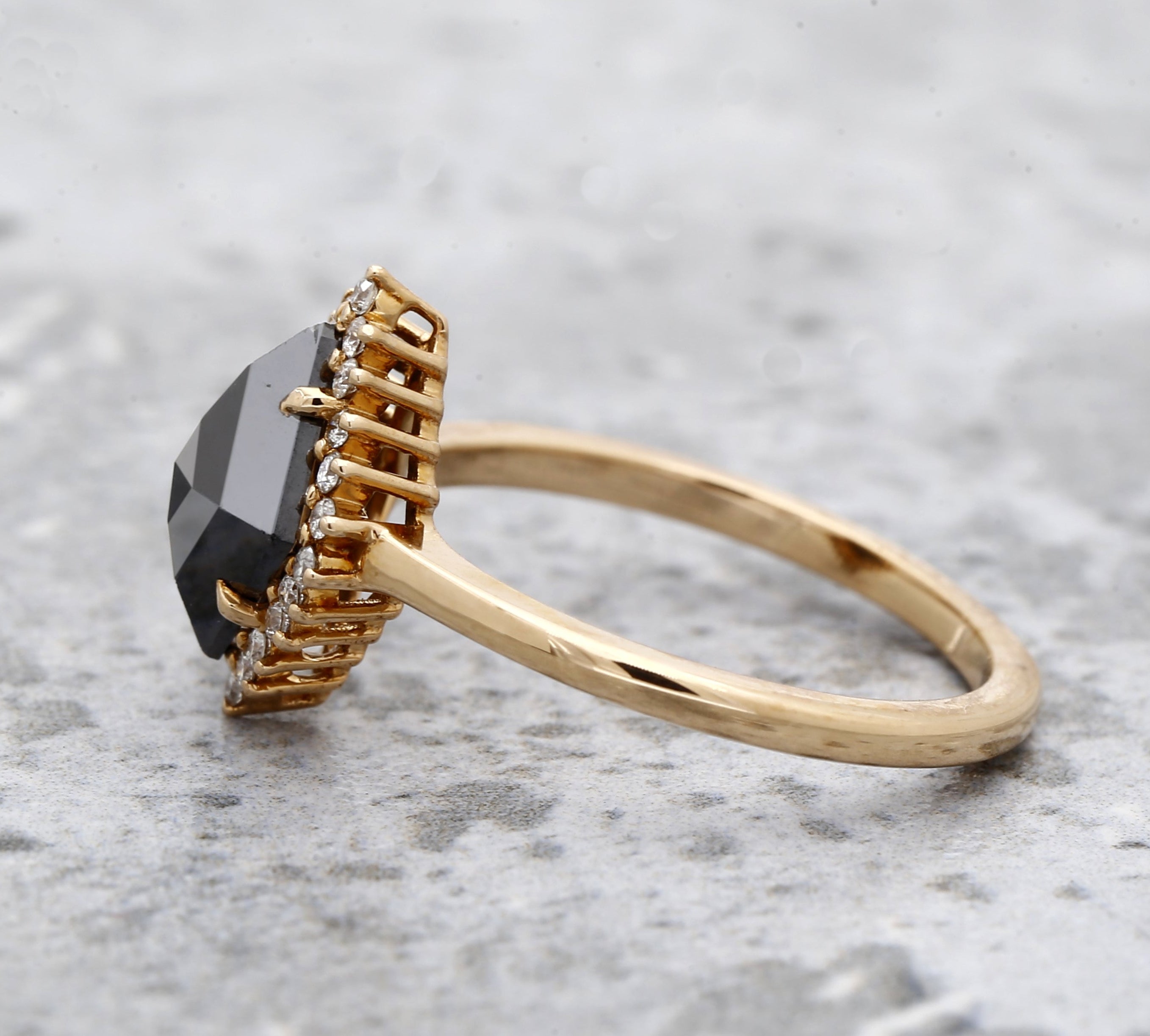 Black Diamond Ring, 14K Gold Engagement Ring, Natural Kite Diamond Halo Ring, Gift for Her