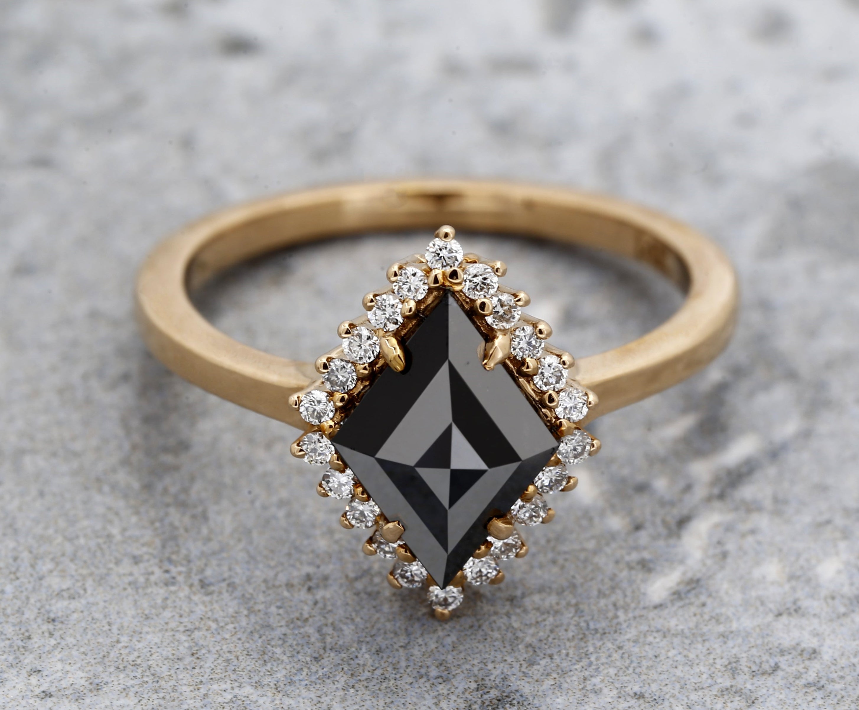 Black Diamond Ring, 14K Gold Engagement Ring, Natural Kite Diamond Halo Ring, Gift for Her