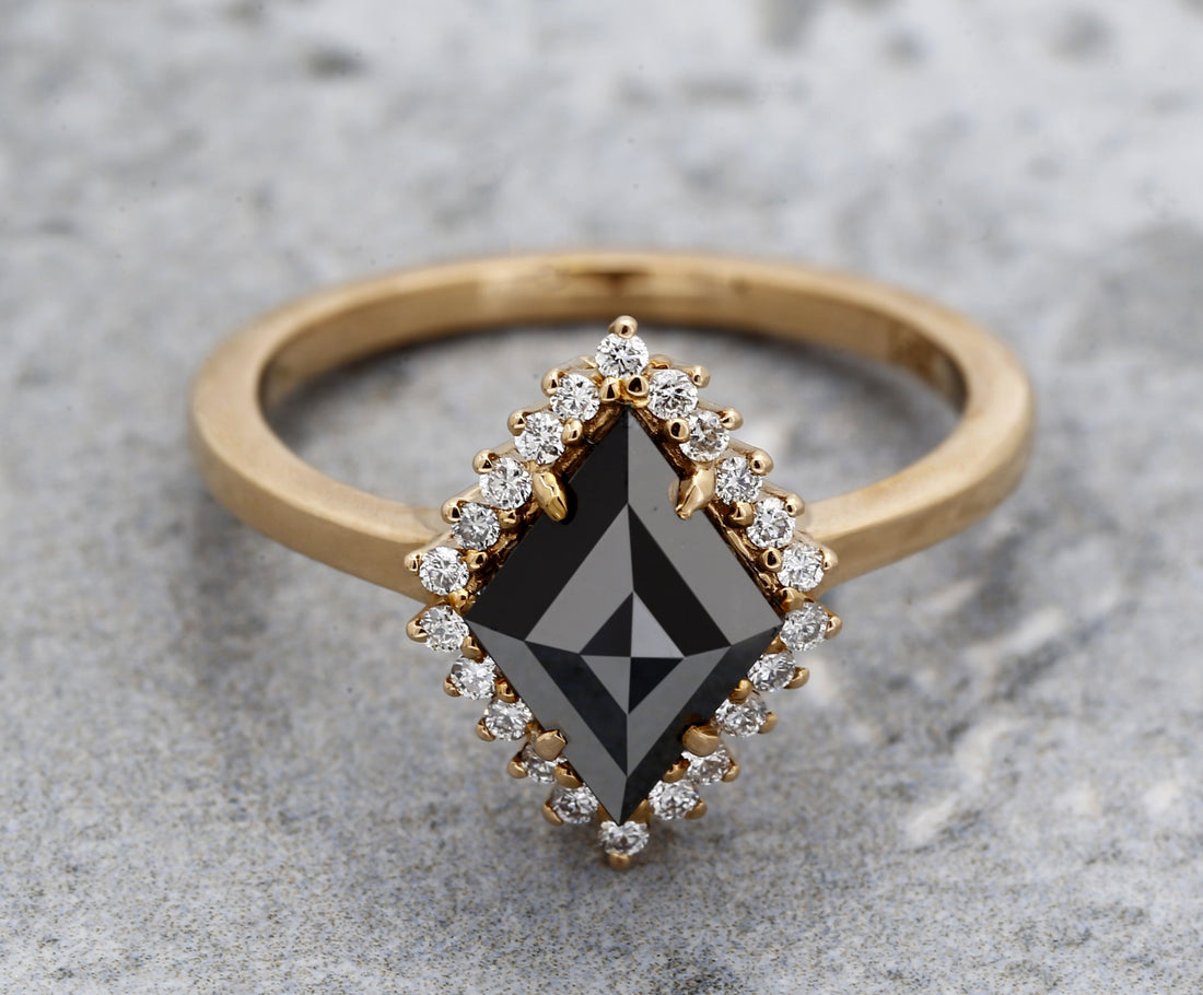 Black Diamond Ring, 14K Gold Engagement Ring, Natural Kite Diamond Halo Ring, Gift for Her