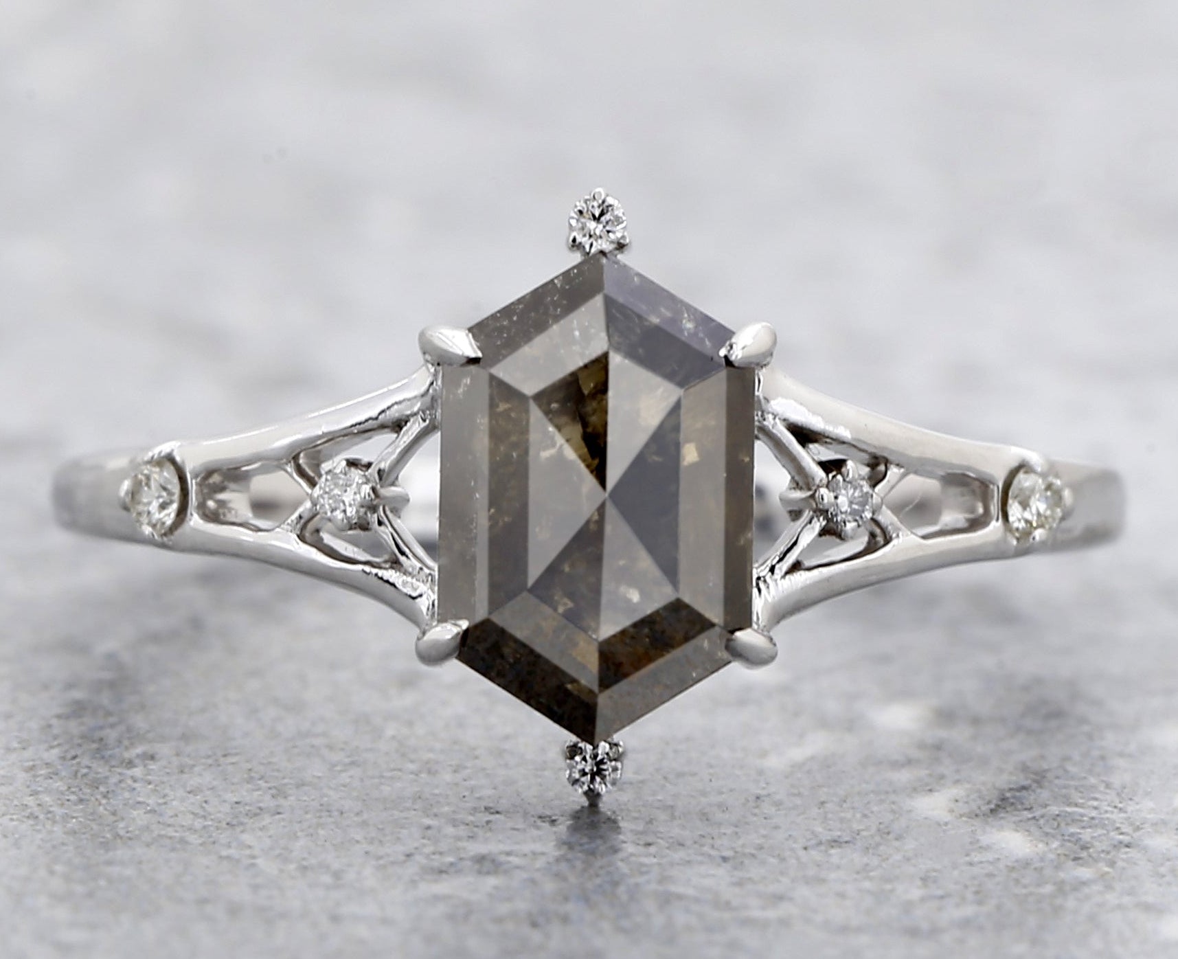 1.66 Ct Salt and Pepper Diamond Ring, 14K Gold Engagement Ring, Natural Gray Hexagon Diamond Ring, Gift for Women