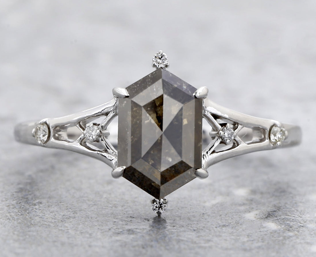 1.66 Ct Salt and Pepper Diamond Ring, 14K Gold Engagement Ring, Natural Gray Hexagon Diamond Ring, Gift for Women