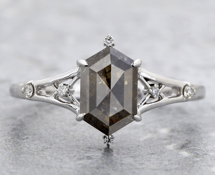 1.66 Ct Salt and Pepper Diamond Ring, 14K Gold Engagement Ring, Natural Gray Hexagon Diamond Ring, Gift for Women