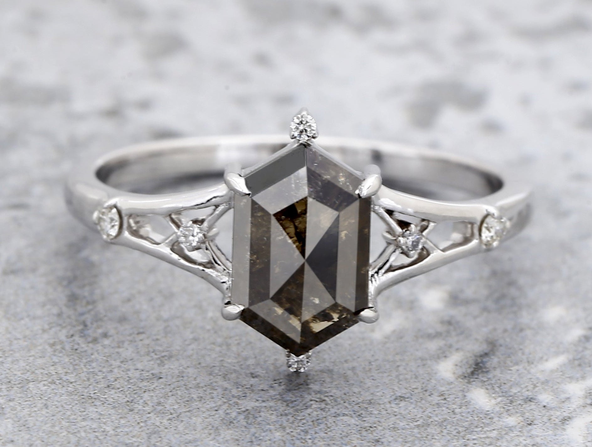 1.66 Ct Salt and Pepper Diamond Ring, 14K Gold Engagement Ring, Natural Gray Hexagon Diamond Ring, Gift for Women
