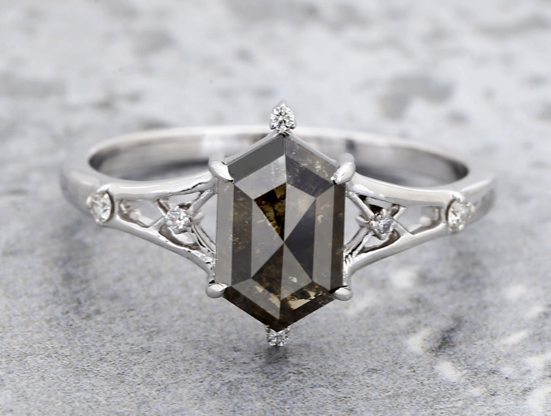 1.66 Ct Salt and Pepper Diamond Ring, 14K Gold Engagement Ring, Natural Gray Hexagon Diamond Ring, Gift for Women