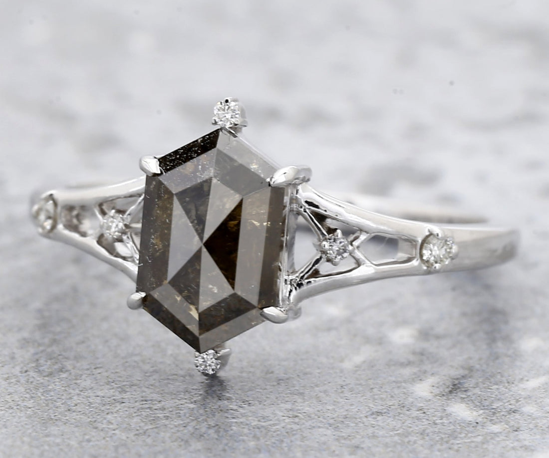 1.66 Ct Salt and Pepper Diamond Ring, 14K Gold Engagement Ring, Natural Gray Hexagon Diamond Ring, Gift for Women