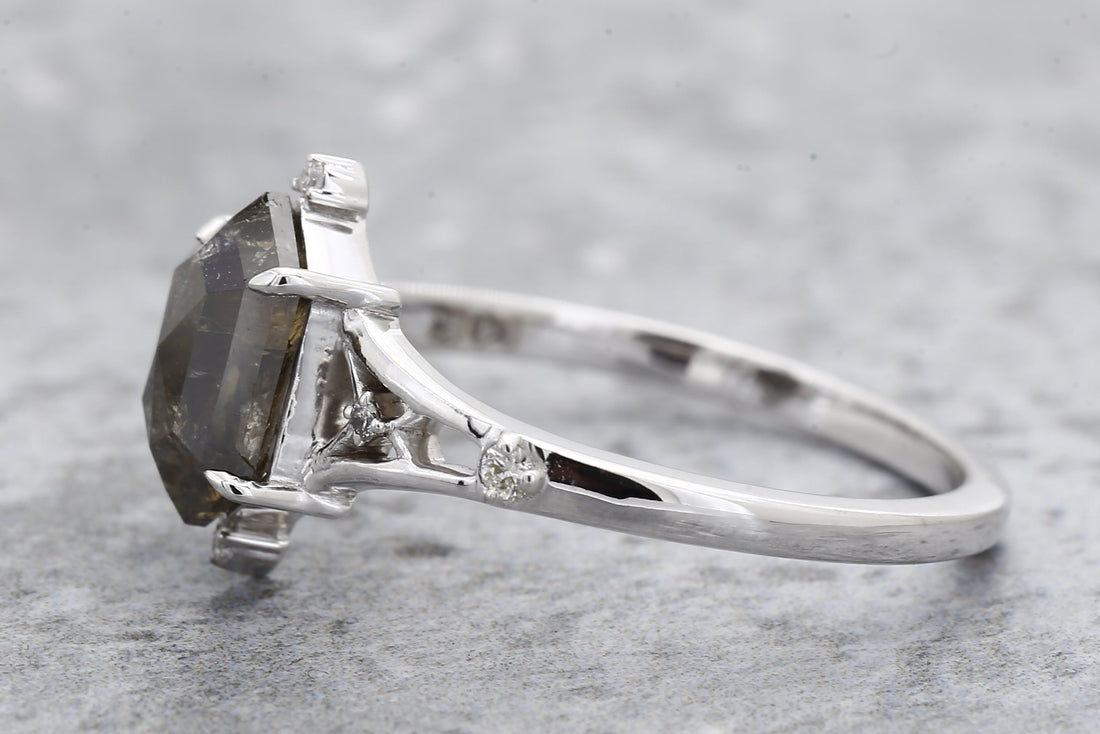1.66 Ct Salt and Pepper Diamond Ring, 14K Gold Engagement Ring, Natural Gray Hexagon Diamond Ring, Gift for Women