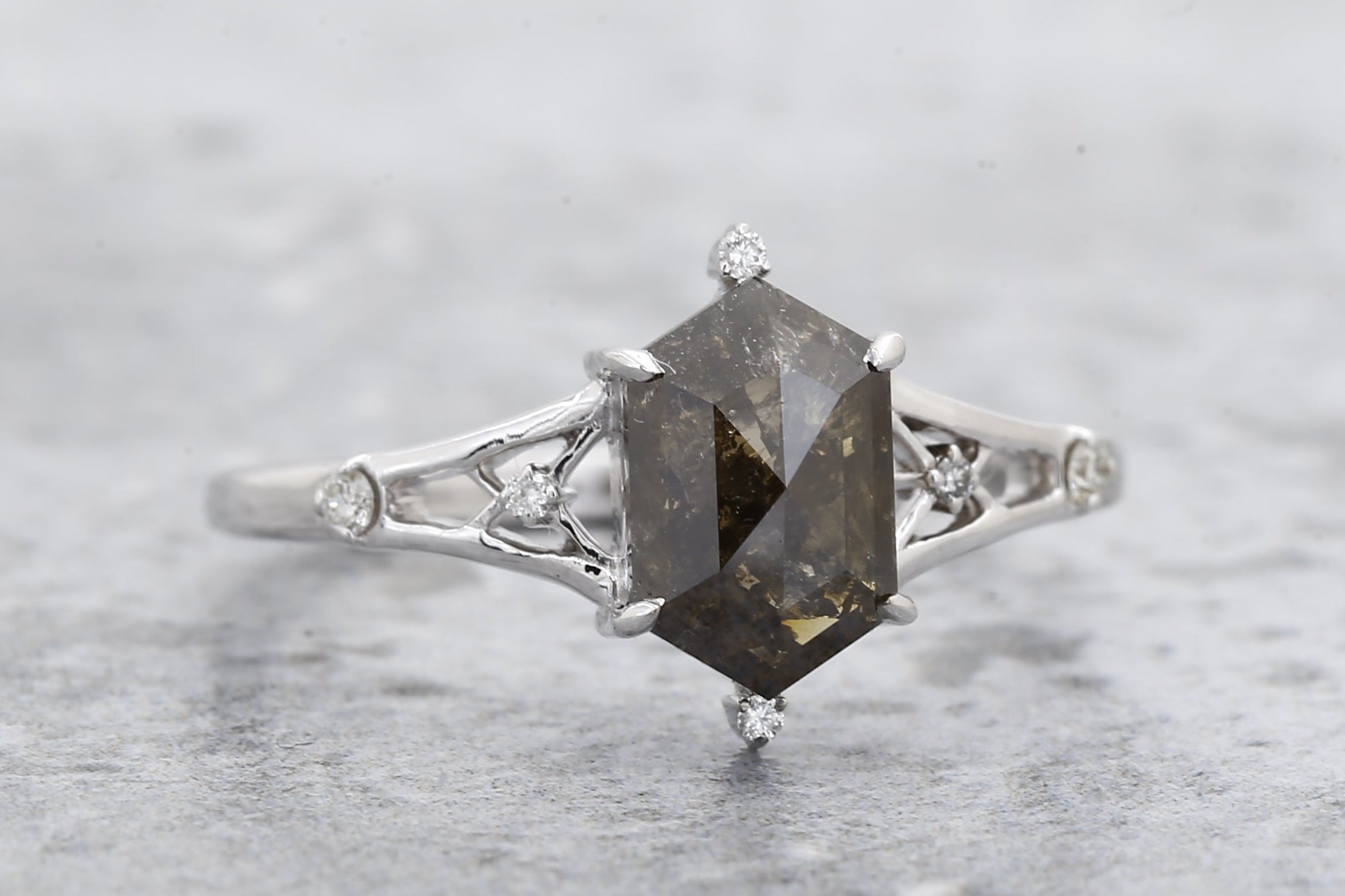 1.66 Ct Salt and Pepper Diamond Ring, 14K Gold Engagement Ring, Natural Gray Hexagon Diamond Ring, Gift for Women