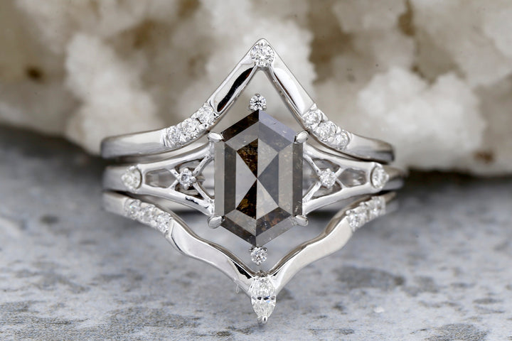 1.66 Ct Salt and Pepper Diamond Ring, 14K Gold Engagement Ring, Natural Gray Hexagon Diamond Ring, Gift for Women