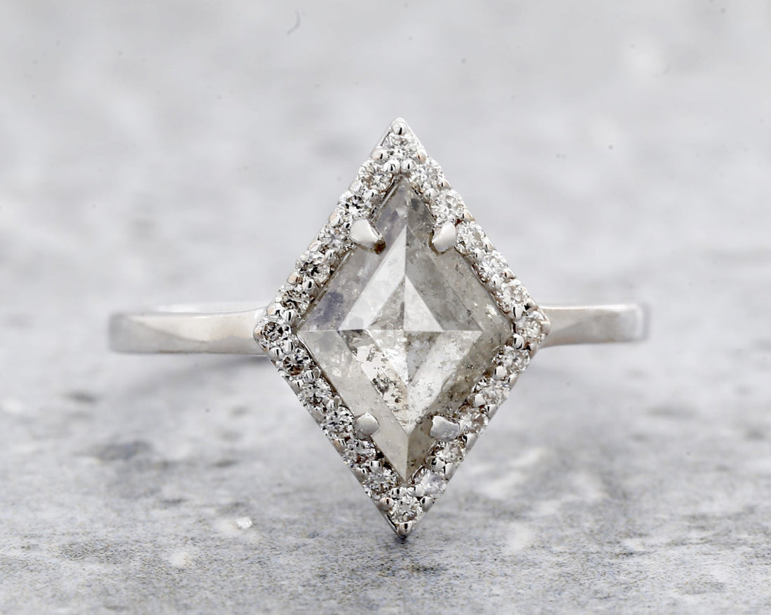 2.07 Ct Salt and Pepper Diamond Ring, 14K Gold Engagement Ring, Natural Gray Shiled Diamond Halo Ring, Gift for Her
