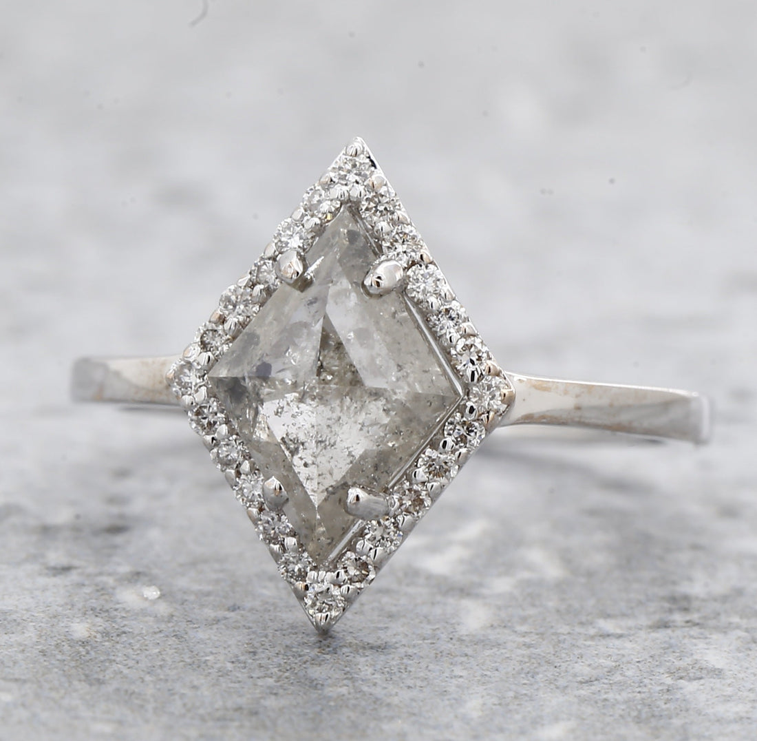 2.07 Ct Salt and Pepper Diamond Ring, 14K Gold Engagement Ring, Natural Gray Shiled Diamond Halo Ring, Gift for Her