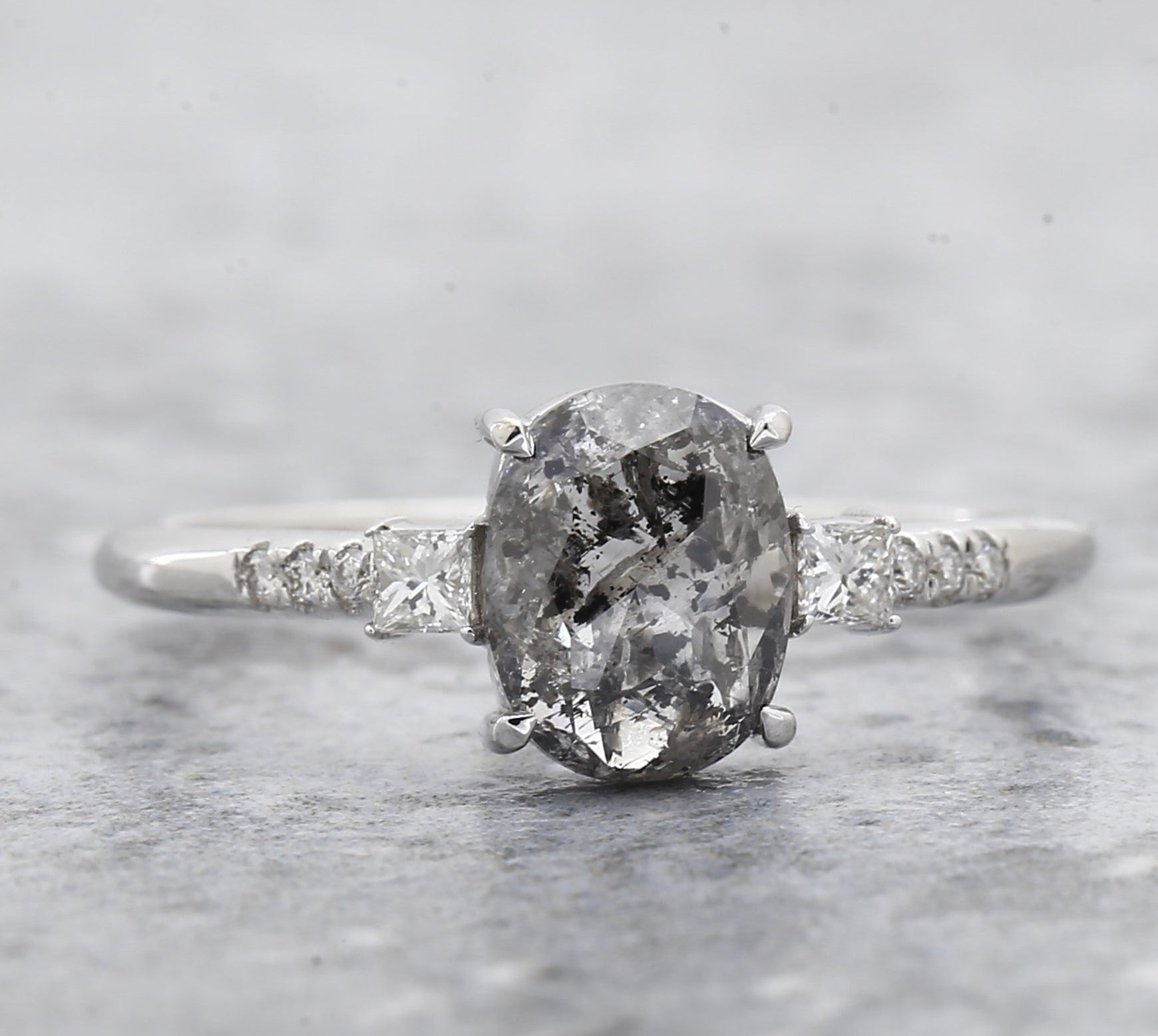 Salt and Pepper Oval Diamond Ring, 14k Gold Engagement Ring, Natural Princess Cut Diamond Ring, Gift for Her