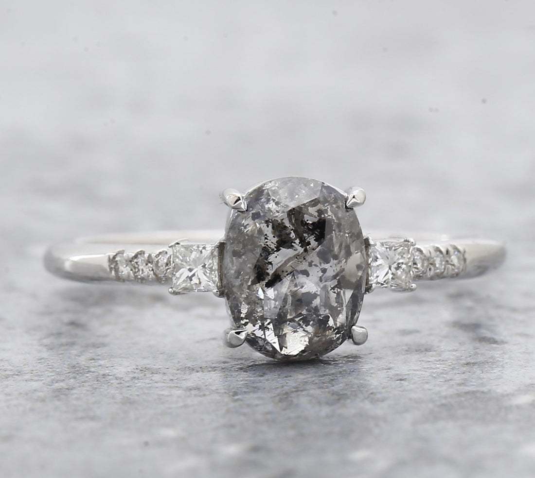 Salt and Pepper Oval Diamond Ring, 14k Gold Engagement Ring, Natural Princess Cut Diamond Ring, Gift for Her