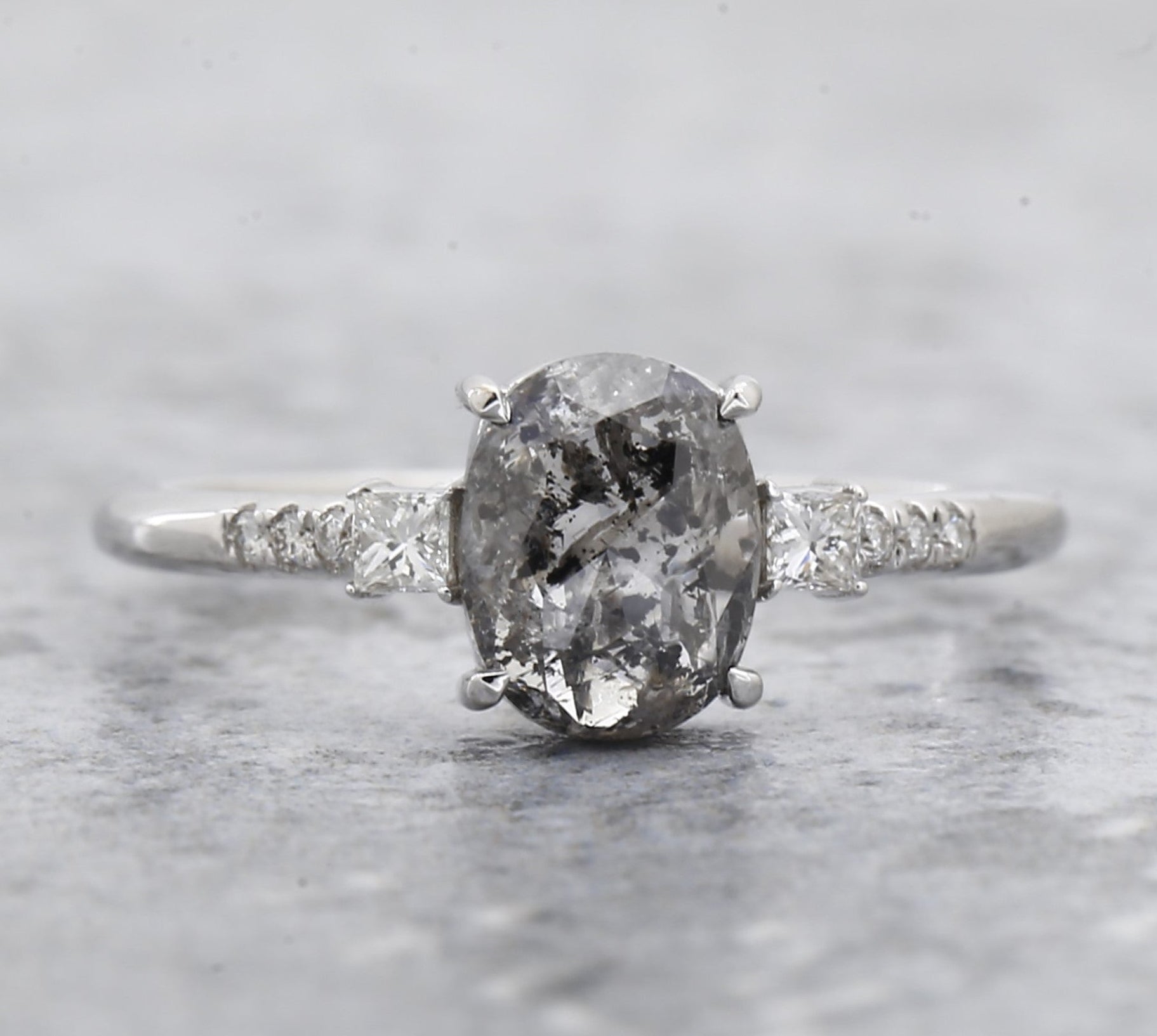 Salt and Pepper Oval Diamond Ring, 14k Gold Engagement Ring, Natural Princess Cut Diamond Ring, Gift for Her