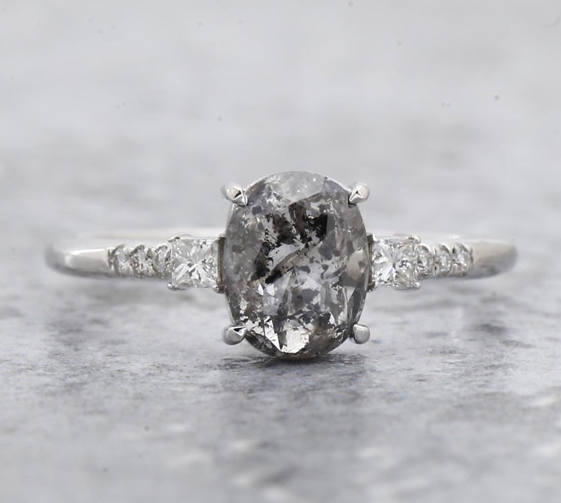 Salt and Pepper Oval Diamond Ring, 14k Gold Engagement Ring, Natural Princess Cut Diamond Ring, Gift for Her