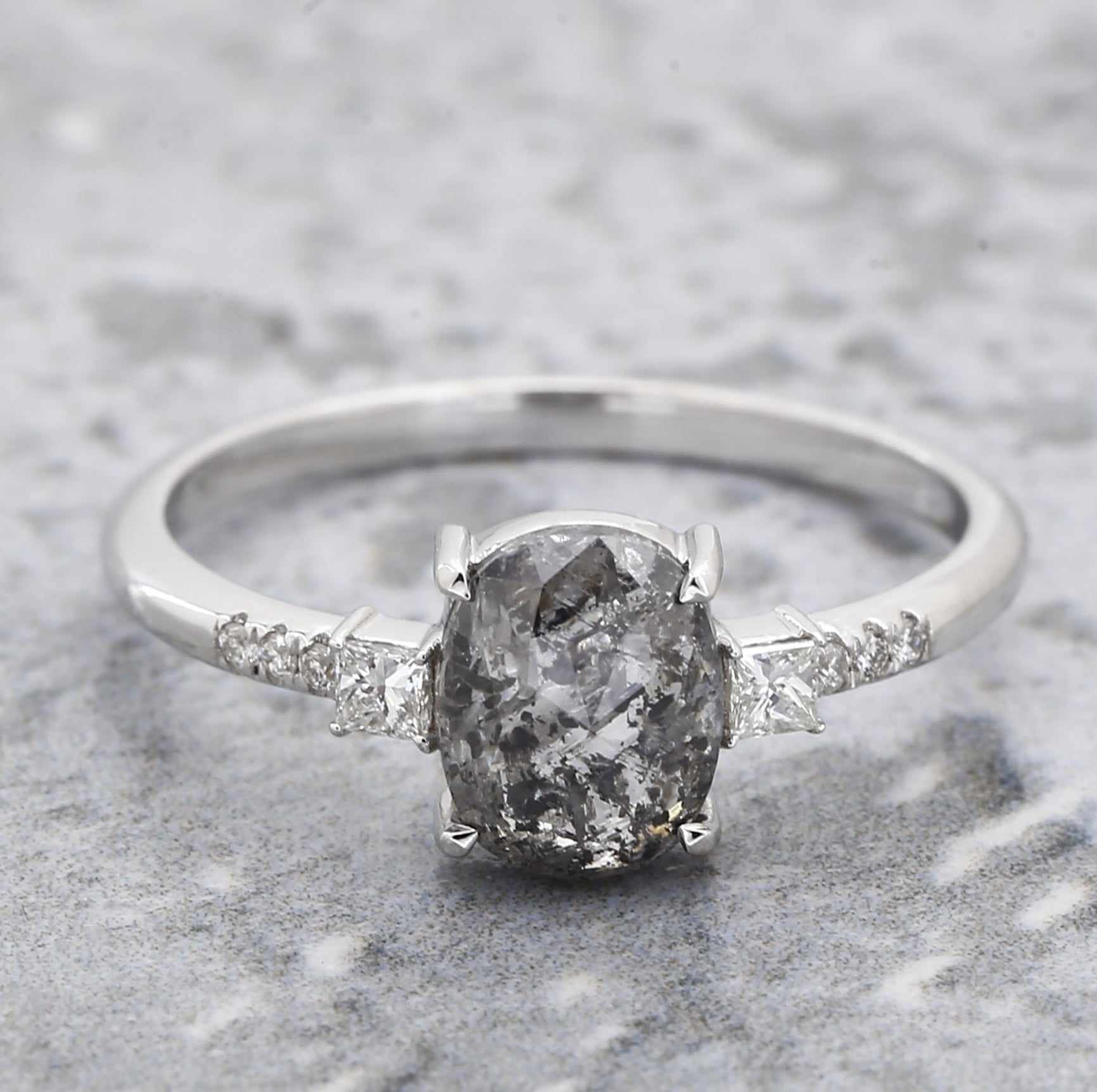 Salt and Pepper Oval Diamond Ring, 14k Gold Engagement Ring, Natural Princess Cut Diamond Ring, Gift for Her