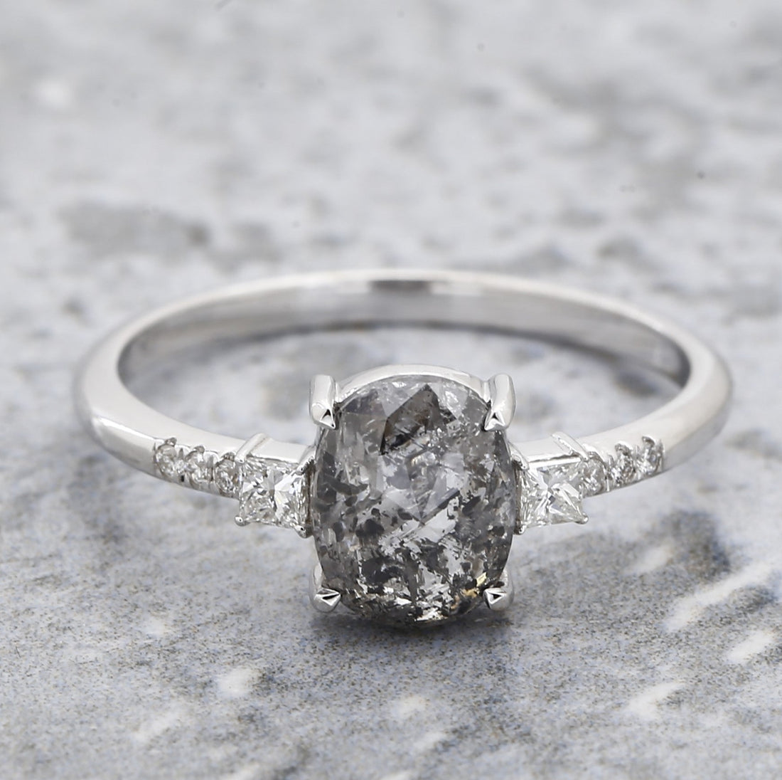 Salt and Pepper Oval Diamond Ring, 14k Gold Engagement Ring, Natural Princess Cut Diamond Ring, Gift for Her