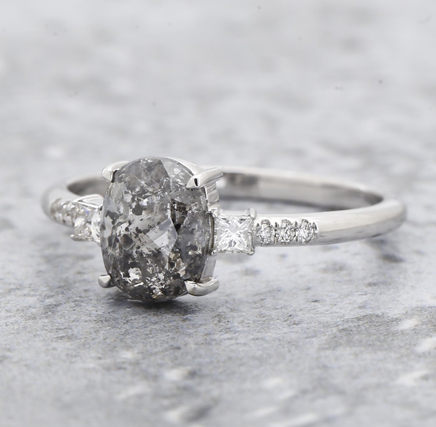 Salt and Pepper Oval Diamond Ring, 14k Gold Engagement Ring, Natural Princess Cut Diamond Ring, Gift for Her
