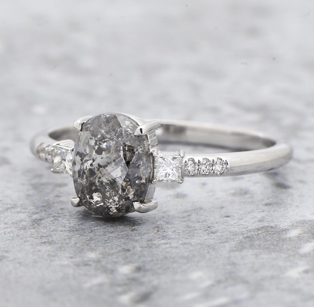 Salt and Pepper Oval Diamond Ring, 14k Gold Engagement Ring, Natural Princess Cut Diamond Ring, Gift for Her