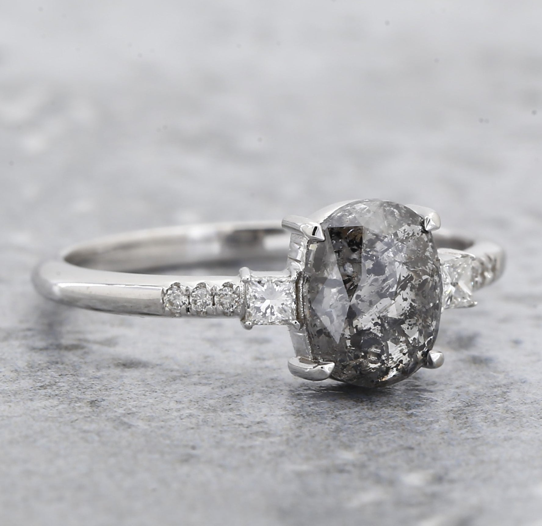 Salt and Pepper Oval Diamond Ring, 14k Gold Engagement Ring, Natural Princess Cut Diamond Ring, Gift for Her
