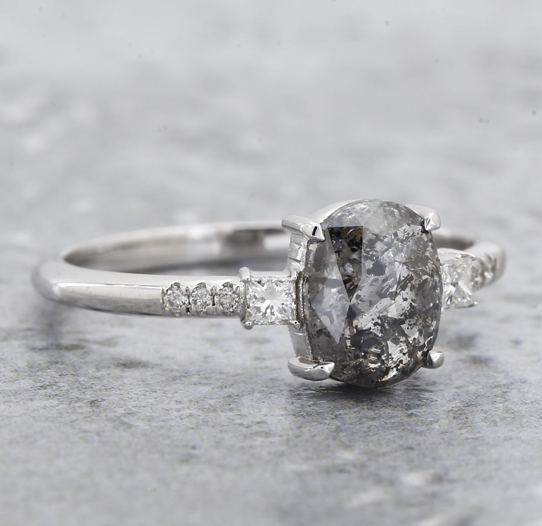 Salt and Pepper Oval Diamond Ring, 14k Gold Engagement Ring, Natural Princess Cut Diamond Ring, Gift for Her