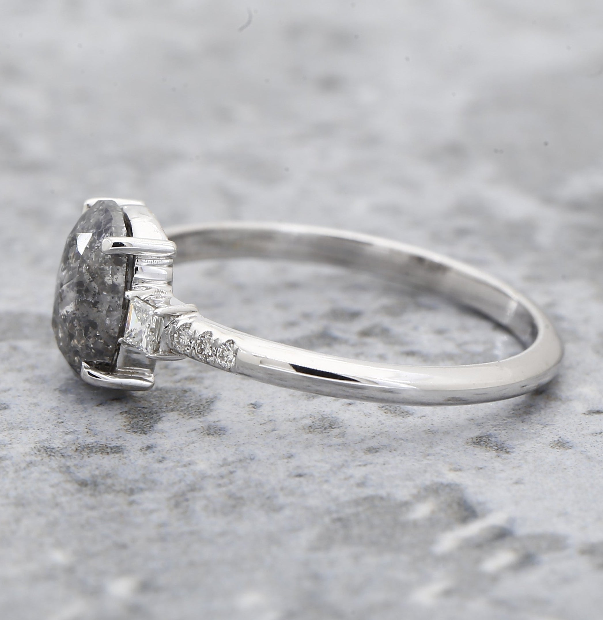Salt and Pepper Oval Diamond Ring, 14k Gold Engagement Ring, Natural Princess Cut Diamond Ring, Gift for Her