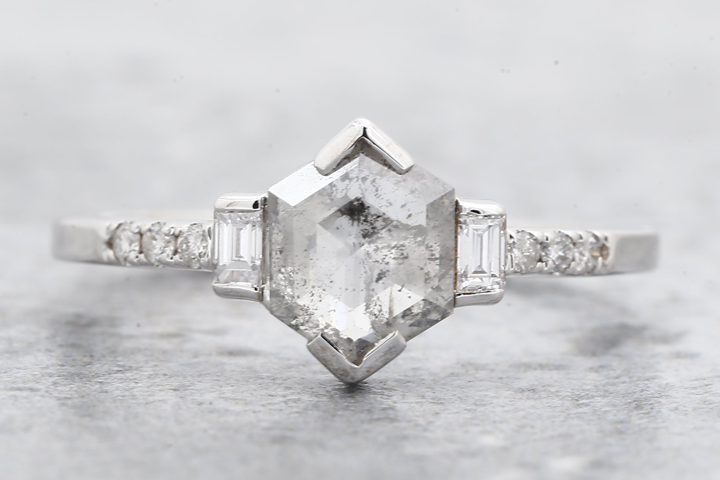 Salt and Pepper Diamond Ring, 14K Gold Engagement Ring, Natural Gray Hexagon Diamond Ring, Valentine Gift for Her