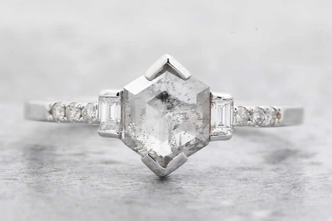 Salt and Pepper Diamond Ring, 14K Gold Engagement Ring, Natural Gray Hexagon Diamond Ring, Valentine Gift for Her