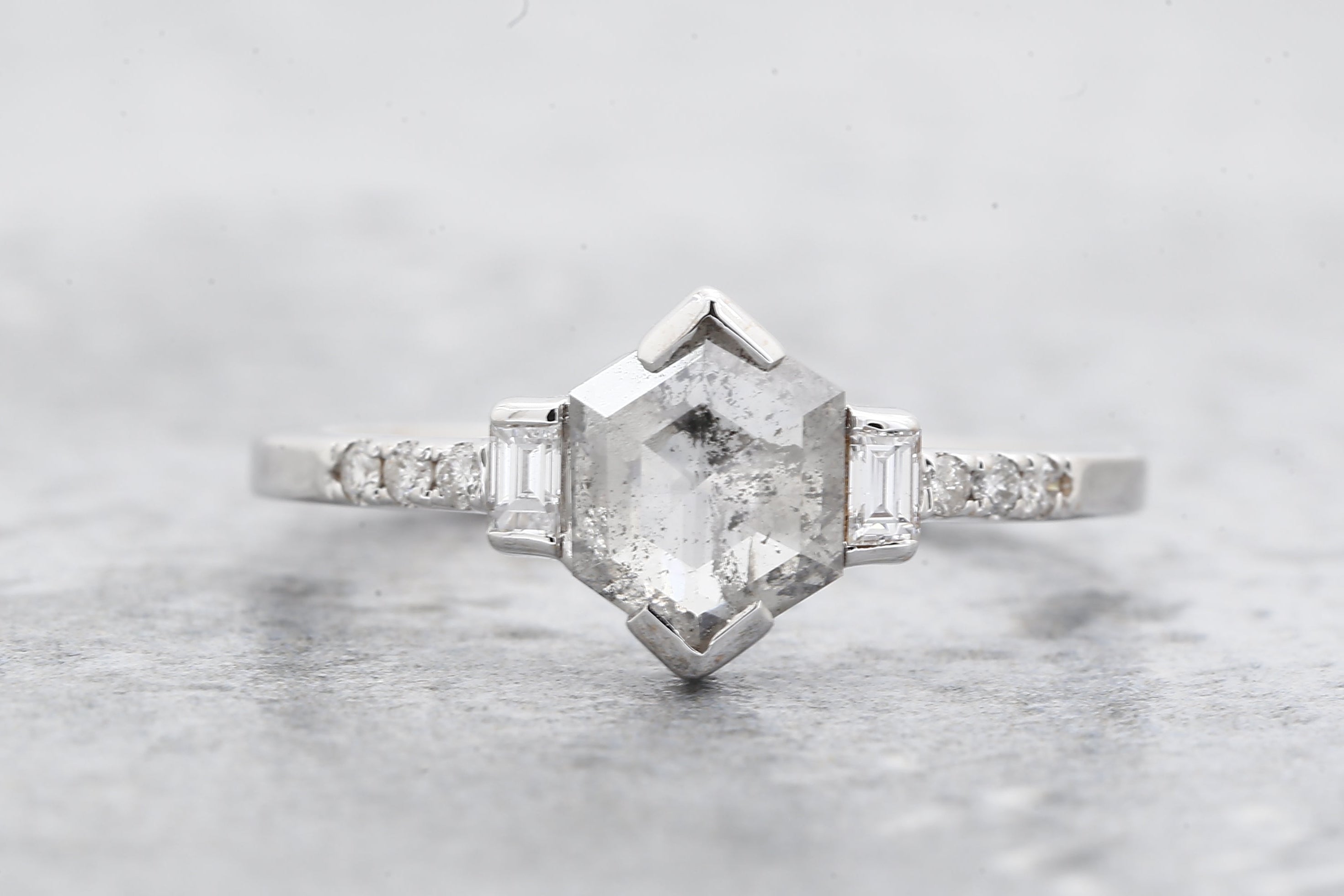 Salt and Pepper Diamond Ring, 14K Gold Engagement Ring, Natural Gray Hexagon Diamond Ring, Valentine Gift for Her