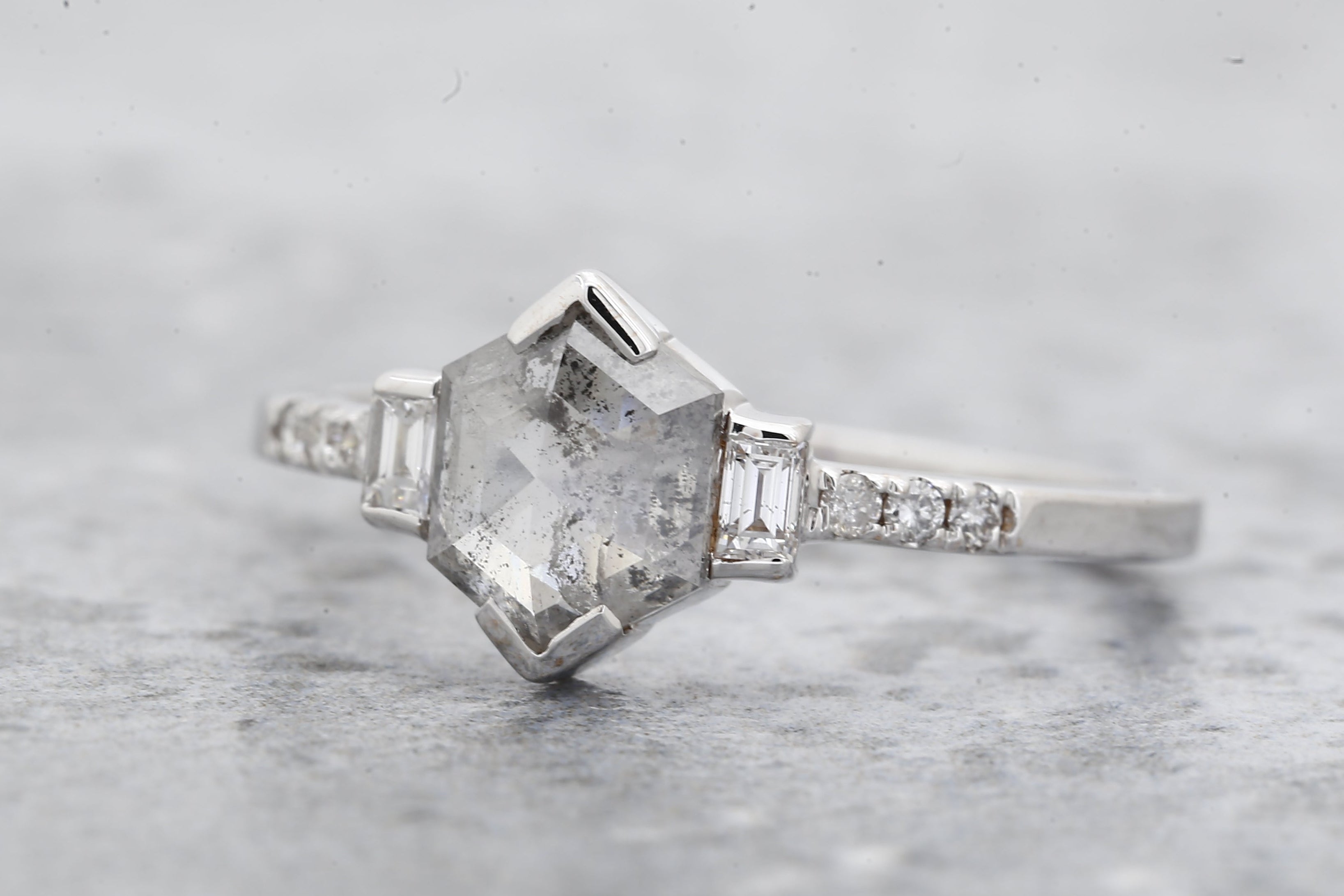 Salt and Pepper Diamond Ring, 14K Gold Engagement Ring, Natural Gray Hexagon Diamond Ring, Valentine Gift for Her