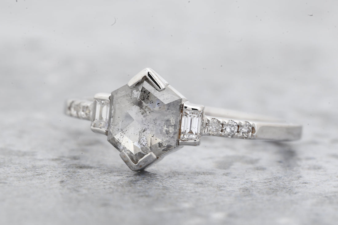 Salt and Pepper Diamond Ring, 14K Gold Engagement Ring, Natural Gray Hexagon Diamond Ring, Valentine Gift for Her