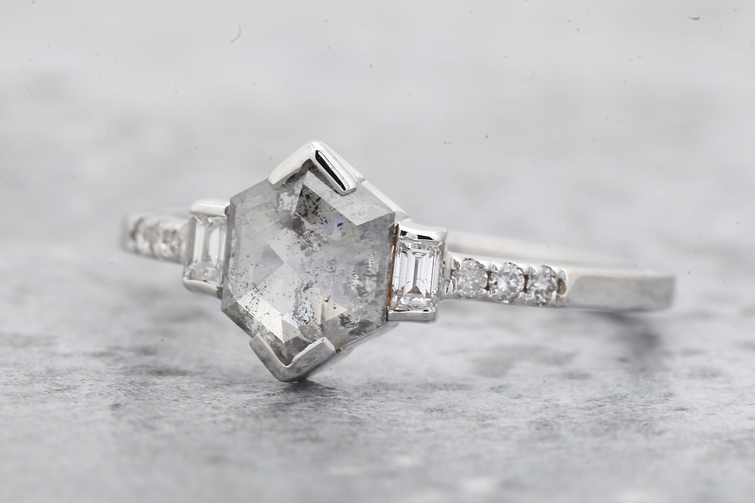 Salt and Pepper Diamond Ring, 14K Gold Engagement Ring, Natural Gray Hexagon Diamond Ring, Valentine Gift for Her