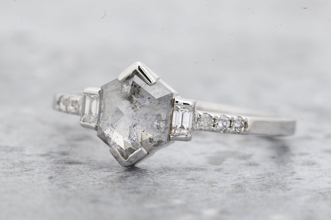 Salt and Pepper Diamond Ring, 14K Gold Engagement Ring, Natural Gray Hexagon Diamond Ring, Valentine Gift for Her