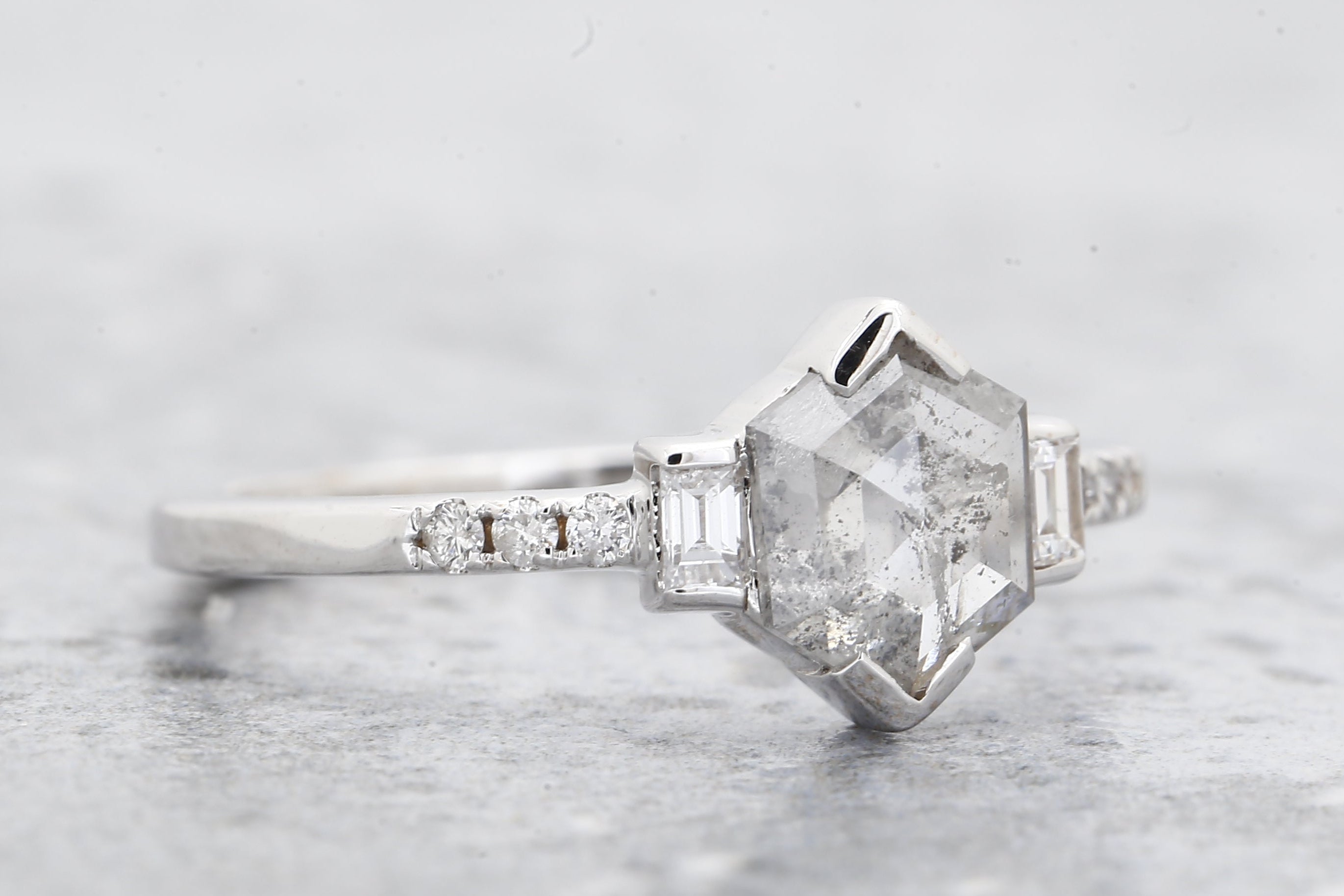 Salt and Pepper Diamond Ring, 14K Gold Engagement Ring, Natural Gray Hexagon Diamond Ring, Valentine Gift for Her