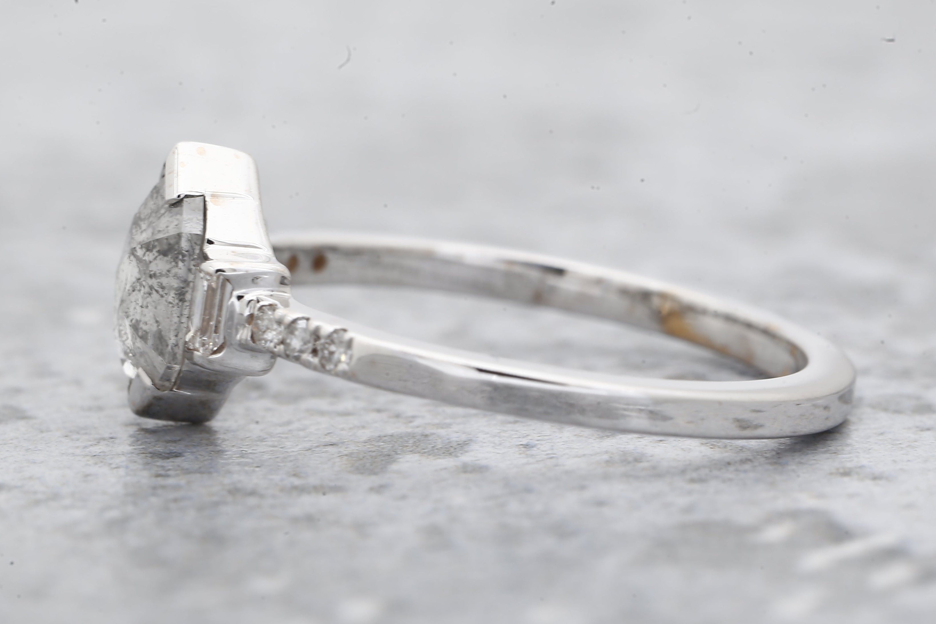 Salt and Pepper Diamond Ring, 14K Gold Engagement Ring, Natural Gray Hexagon Diamond Ring, Valentine Gift for Her