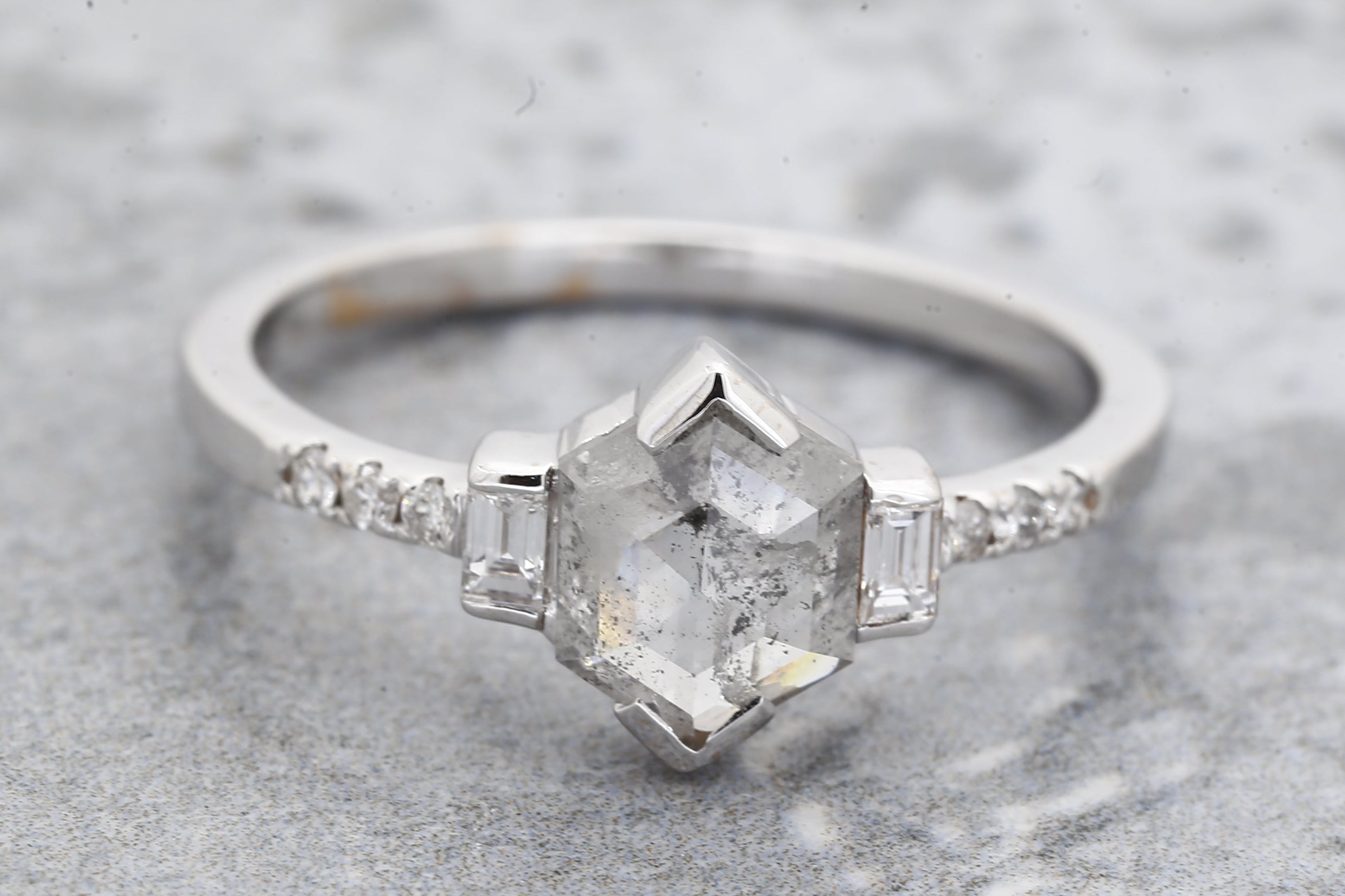 Salt and Pepper Diamond Ring, 14K Gold Engagement Ring, Natural Gray Hexagon Diamond Ring, Valentine Gift for Her