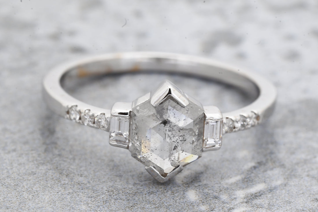 Salt and Pepper Diamond Ring, 14K Gold Engagement Ring, Natural Gray Hexagon Diamond Ring, Valentine Gift for Her