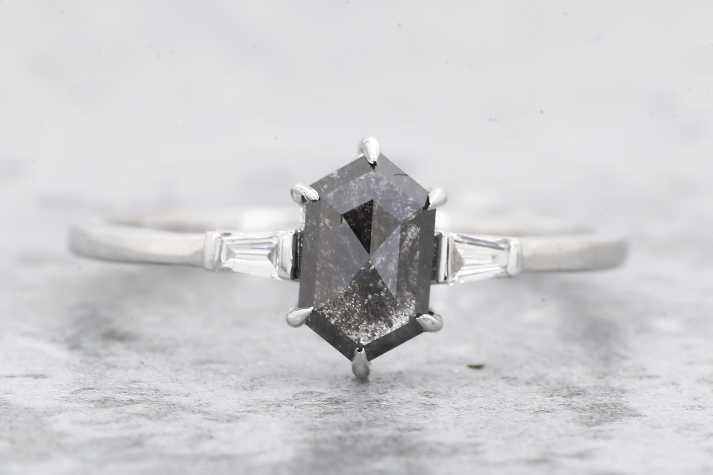 Salt and Pepper Diamond Ring, 14K Gold Engagement Ring, Natural Hexagon Gray Diamond Ring, Gift for Her