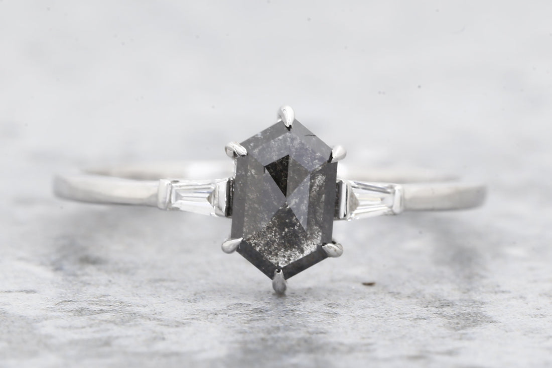 Salt and Pepper Diamond Ring, 14K Gold Engagement Ring, Natural Hexagon Gray Diamond Ring, Gift for Her