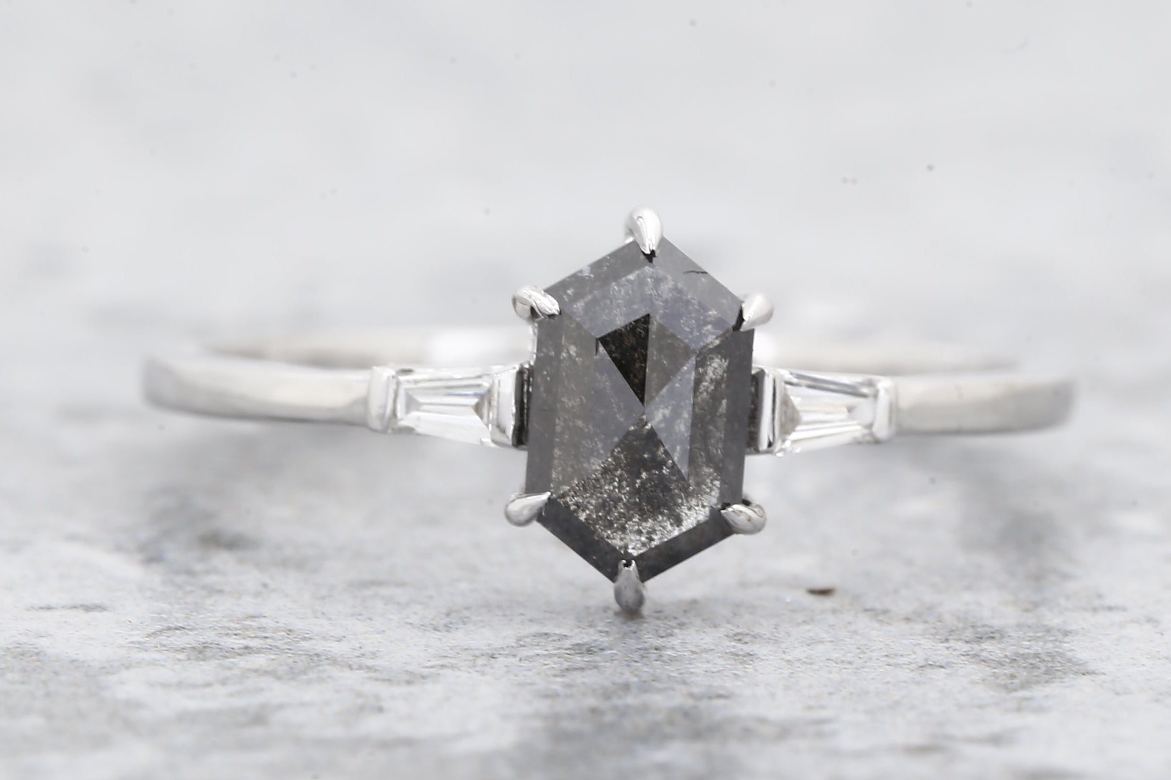 Salt and Pepper Diamond Ring, 14K Gold Engagement Ring, Natural Hexagon Gray Diamond Ring, Gift for Her