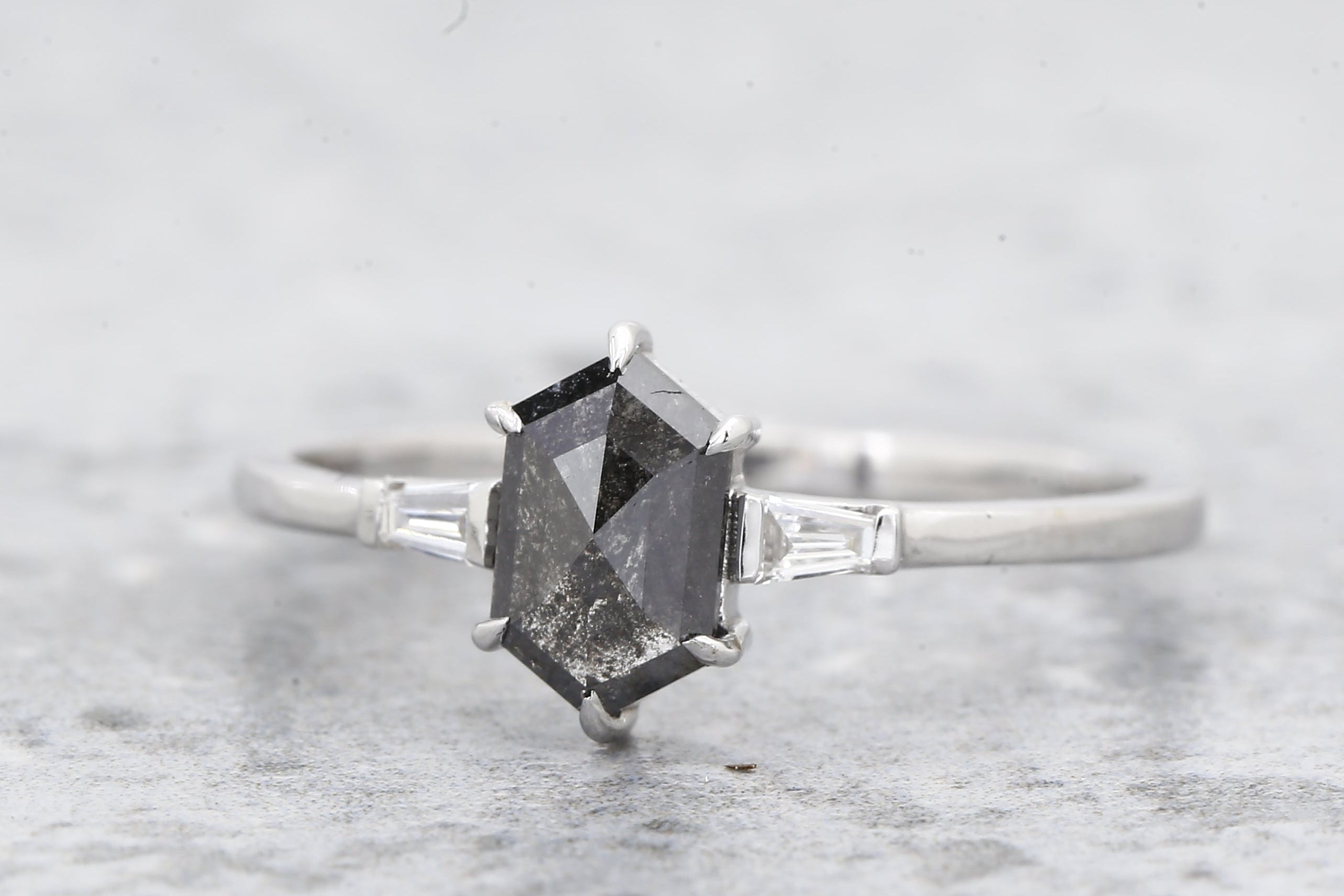 Salt and Pepper Diamond Ring, 14K Gold Engagement Ring, Natural Hexagon Gray Diamond Ring, Gift for Her