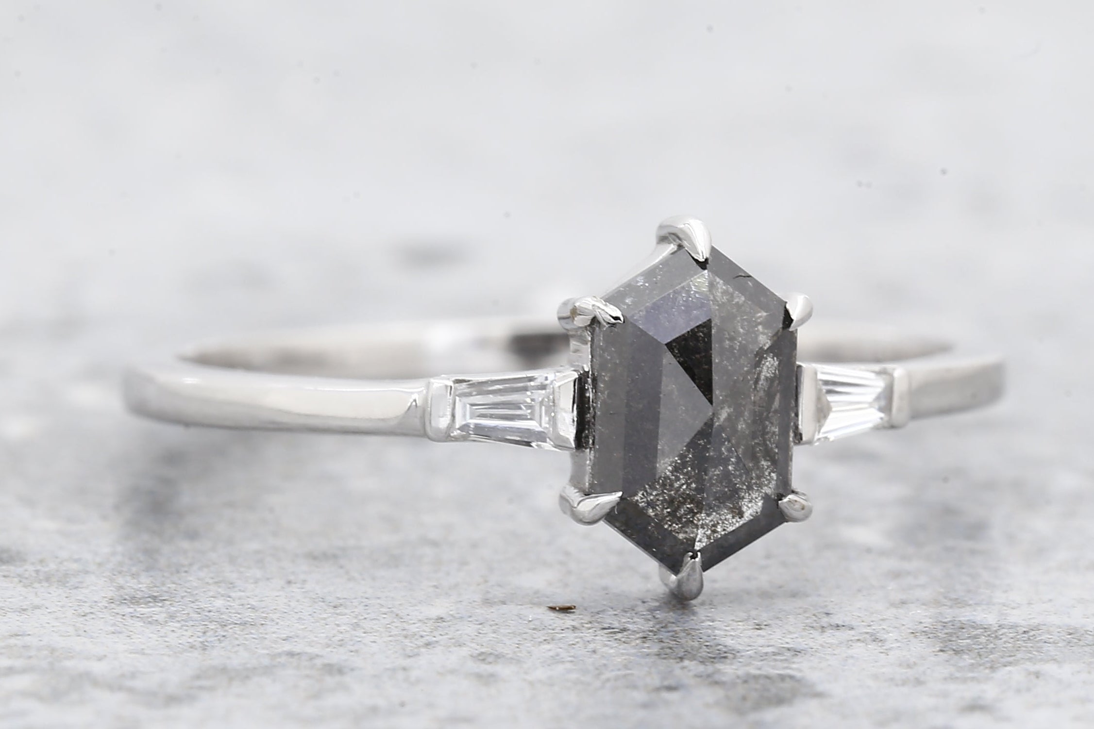 Salt and Pepper Diamond Ring, 14K Gold Engagement Ring, Natural Hexagon Gray Diamond Ring, Gift for Her