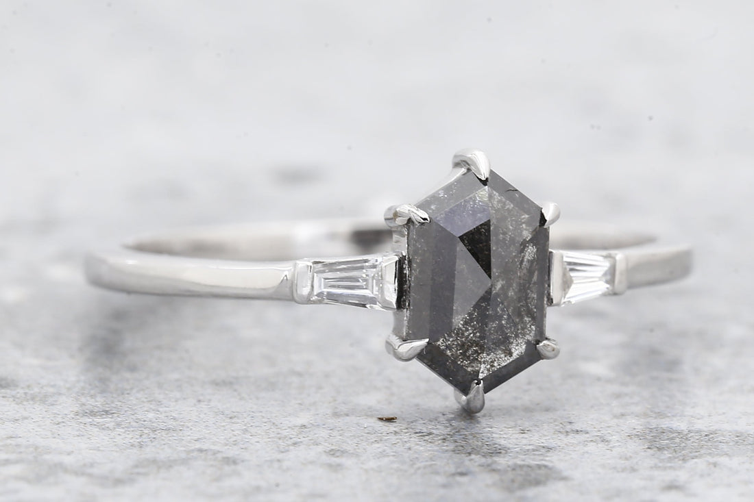 Salt and Pepper Diamond Ring, 14K Gold Engagement Ring, Natural Hexagon Gray Diamond Ring, Gift for Her