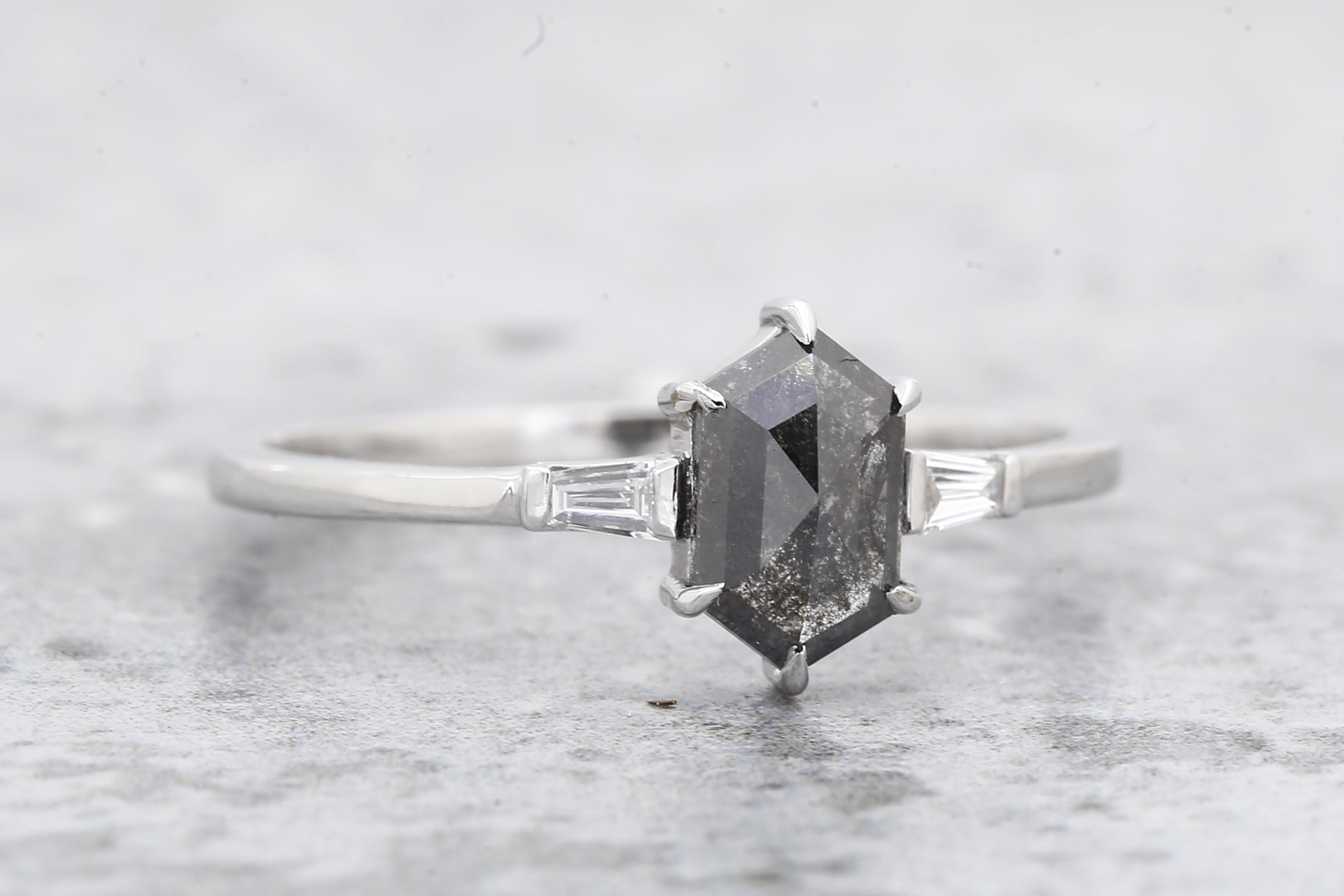 Salt and Pepper Diamond Ring, 14K Gold Engagement Ring, Natural Hexagon Gray Diamond Ring, Gift for Her