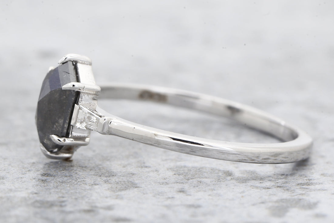 Salt and Pepper Diamond Ring, 14K Gold Engagement Ring, Natural Hexagon Gray Diamond Ring, Gift for Her